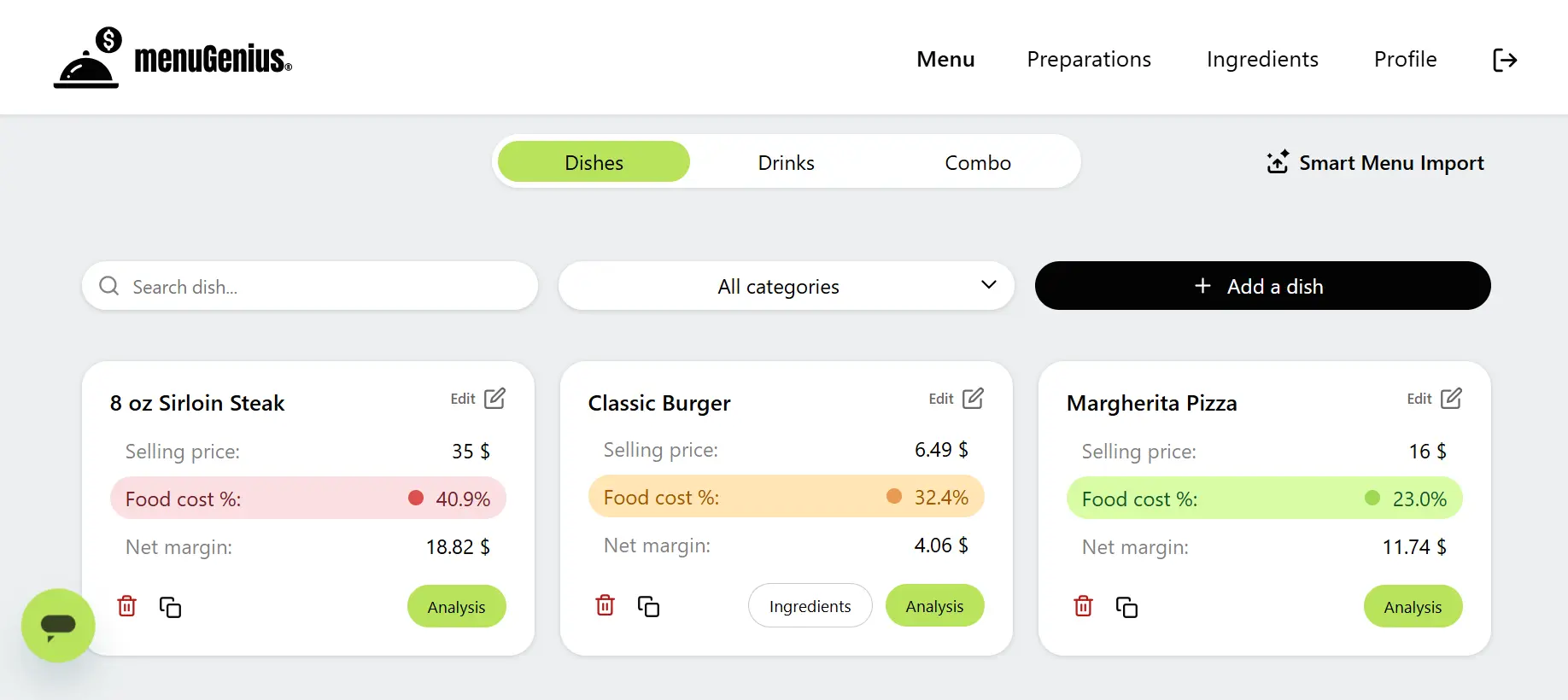 Menu Genius interface — dish and food cost management